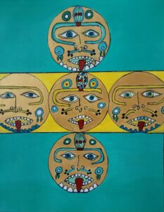 Gold, Faces, Mayan, Aztec, Turquoise, Painting, Art